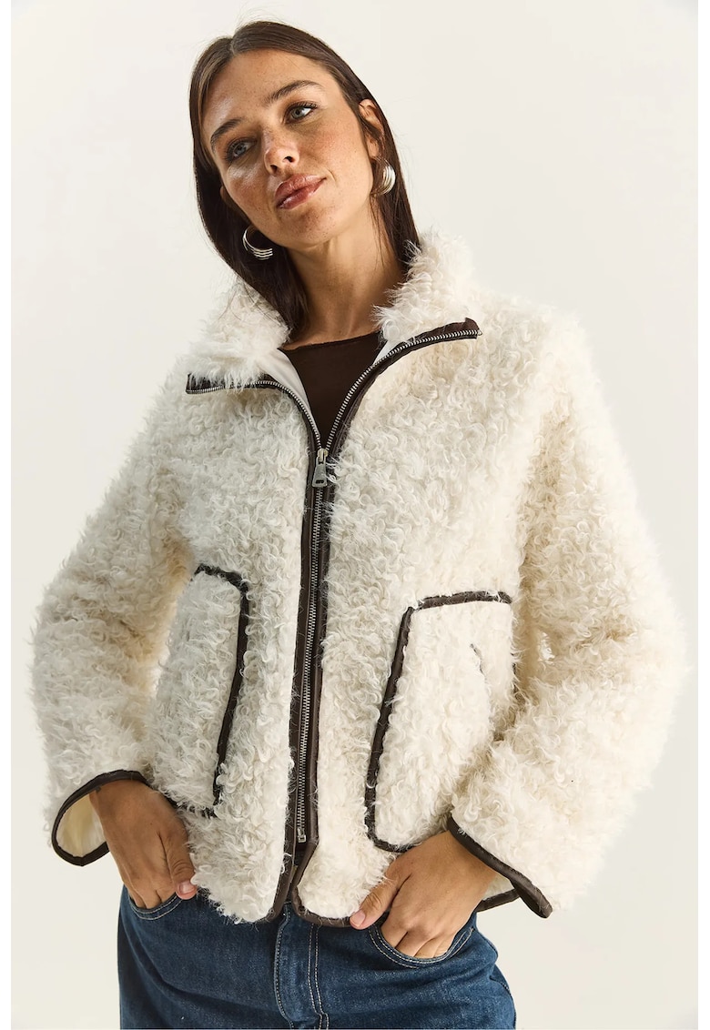 Geaca detalii din imitatie de piele - bej - jerseu