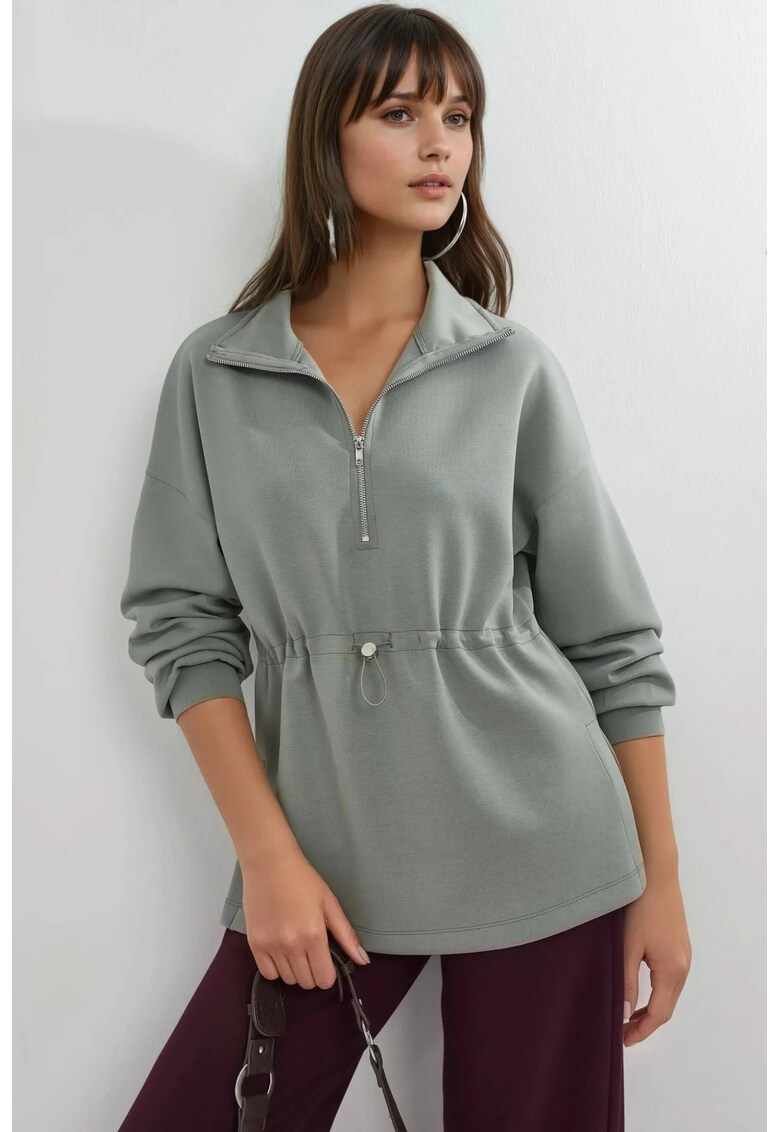 Hanorac dama - cu guler cu fermoar - talie reglabila - verde menta - textil