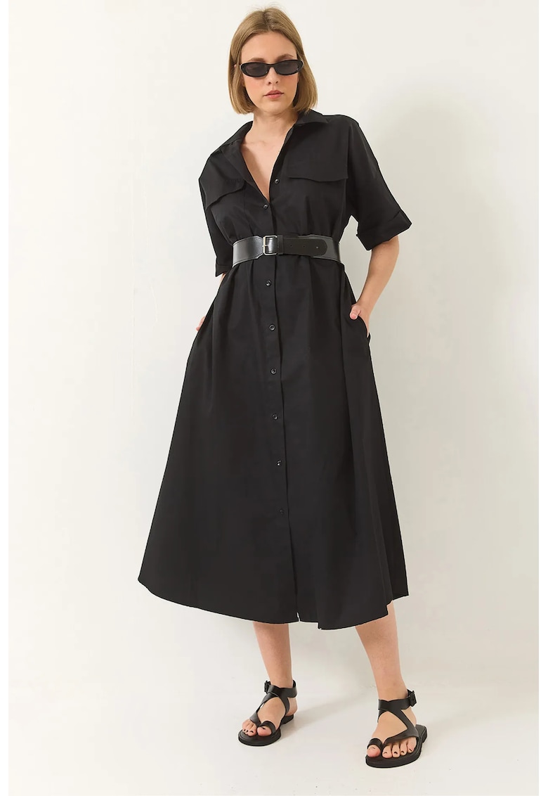 Rochie midi guler de camasa - cu nasturi - negru - poliester