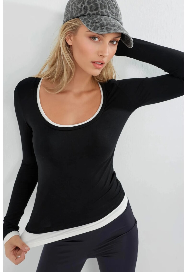 Bluza dama maneca lunga - banda contrastanta - negru - jerseu -