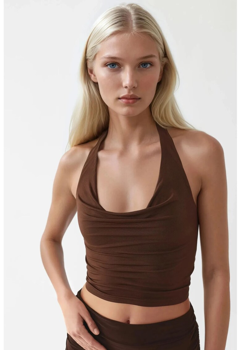 Maiou scurt dama decolteu halter - slim fit - poliester/elastan - maro mocha