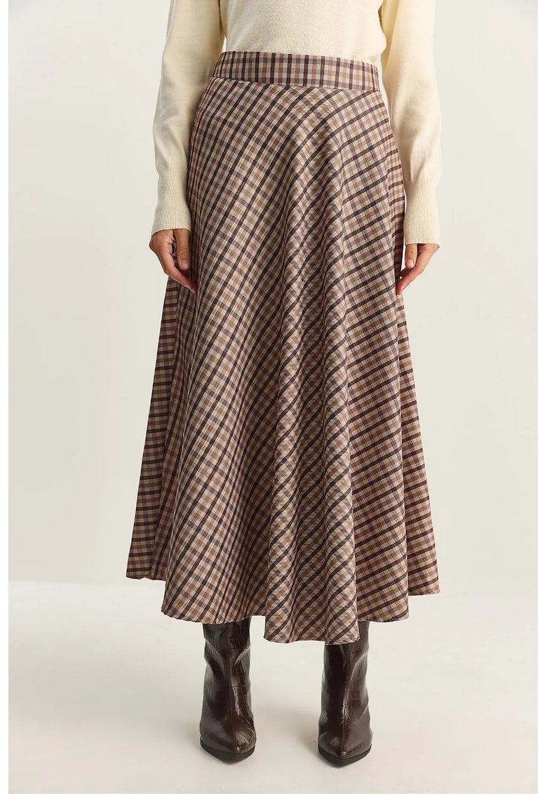 Fusta Maxi - cu talie inalta - model in carouri - maro cafeniu