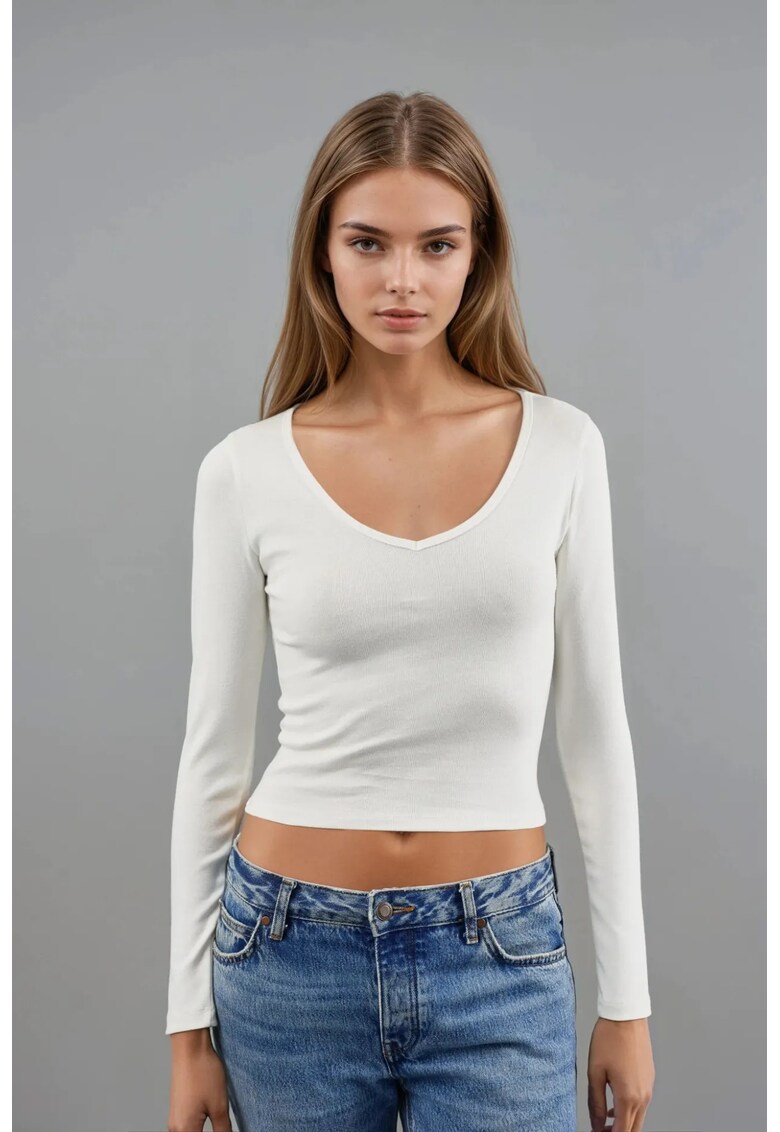 Bluza dama - mulata cu decolteu in V - maneca lunga - ivoire