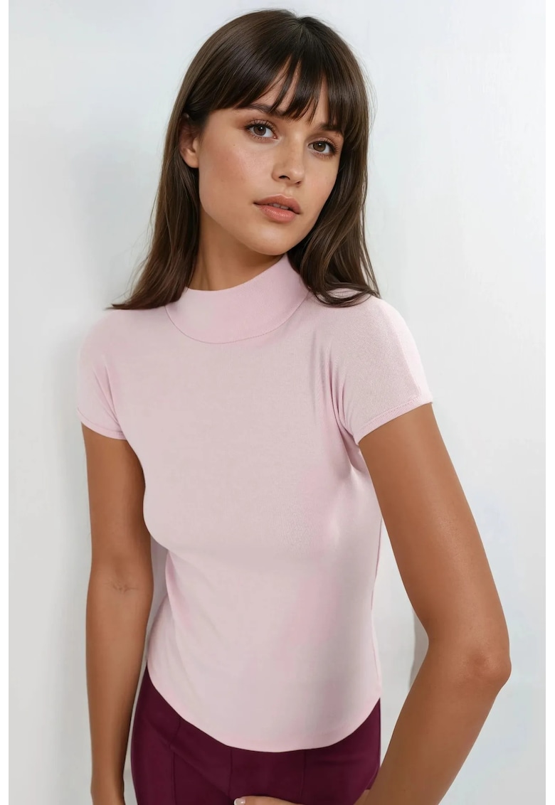 Tricou dama bumbac - guler semi-rulat - roz pudra