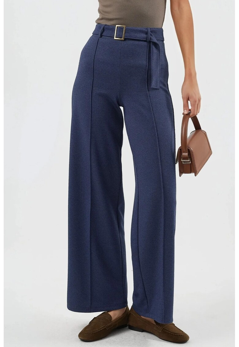 Pantaloni dama - talie inalta - picior drept - textil - Albastru
