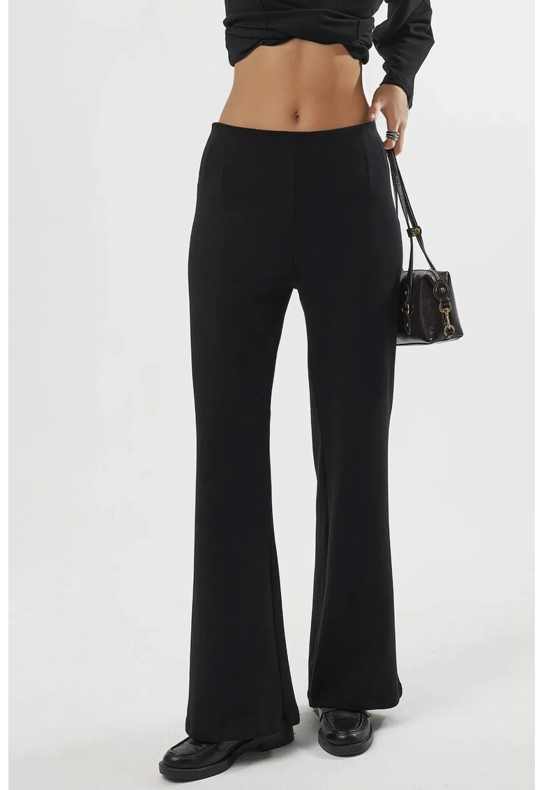 Pantaloni dama - cu talie inalta - picior drept - negru - textil