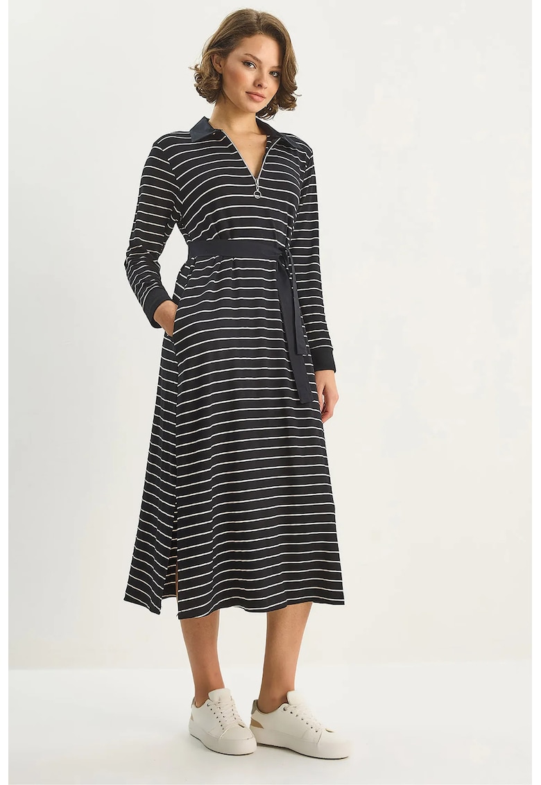 Rochie midi cu dungi - guler tip camasa - multicolor - jerseu