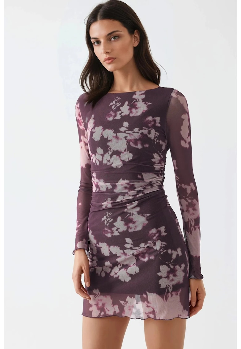 Rochie Mini Floral - Maneci Lungi - Mov - Jerseu