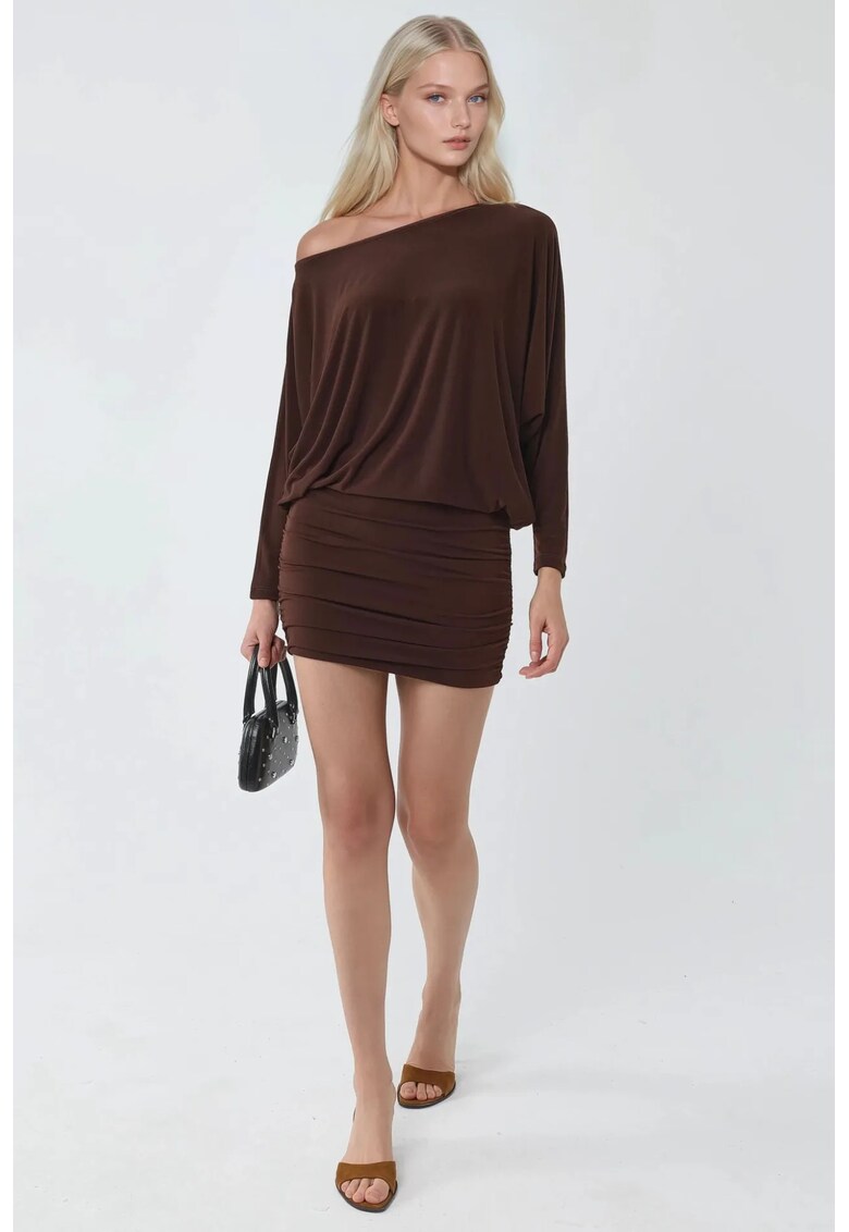 Rochie mini mulata - guler asimetric - maro - jerseu