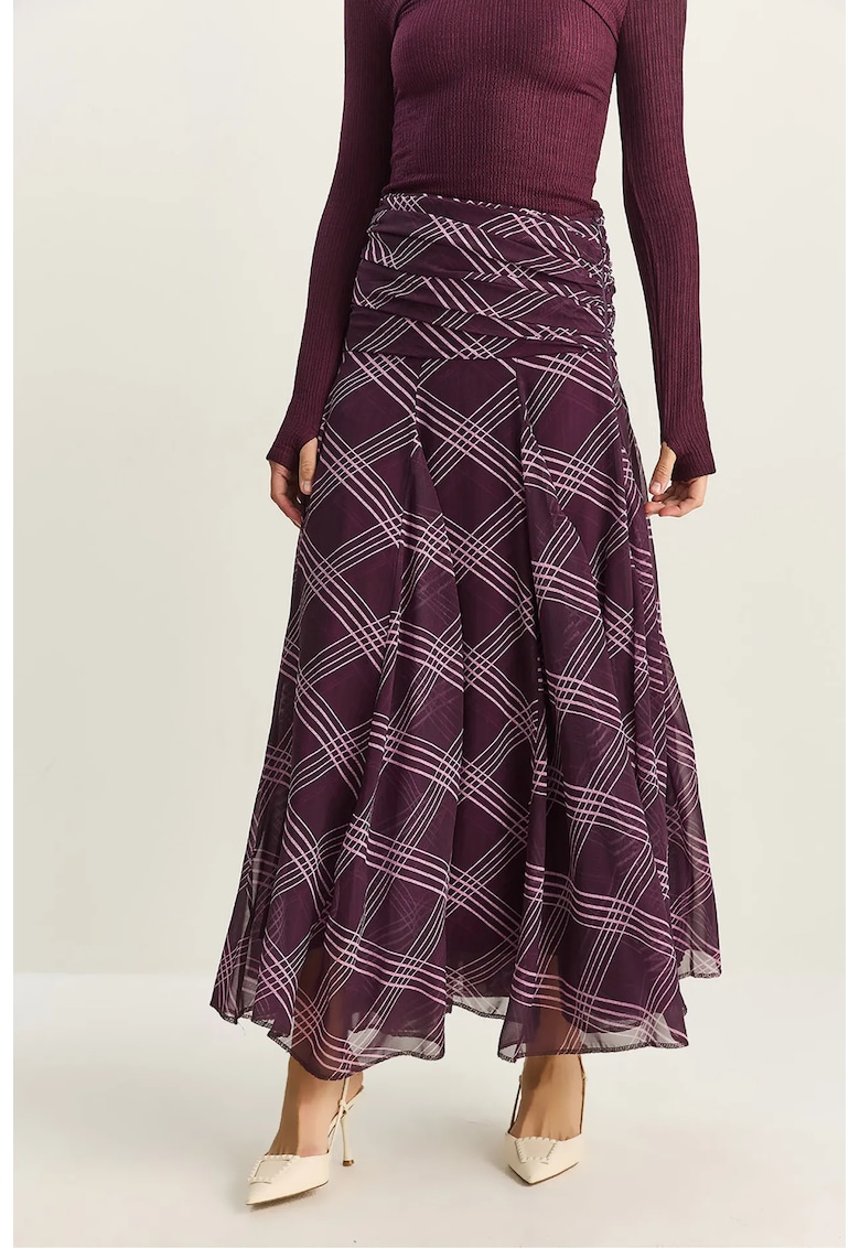 Fusta midi cu talie inalta - imprimeu - rosie