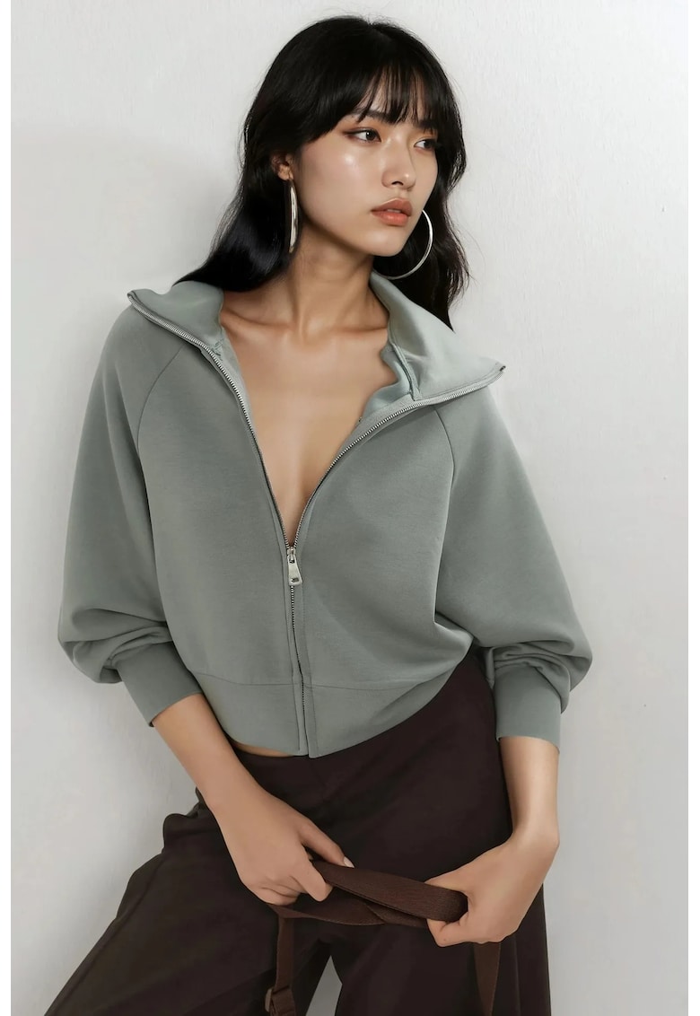 Hanorac dama - Verde salvie - textil - cu fermoar