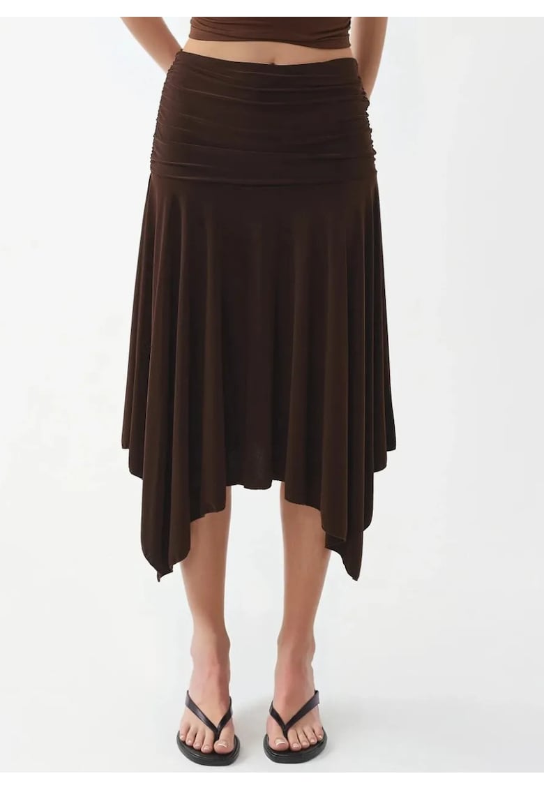 Fusta midi - mulata - talie elastica - maro cafeniu - poliester si elastan