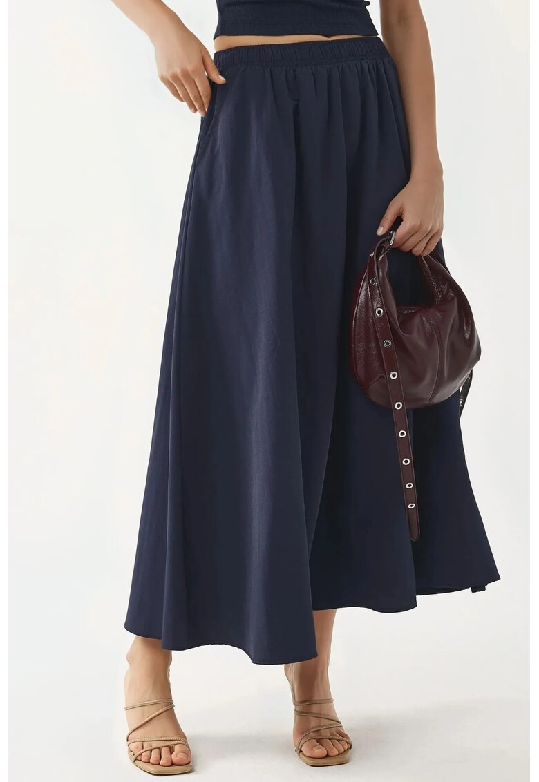 Fusta midi talie elastica - buzunare - bleumarin