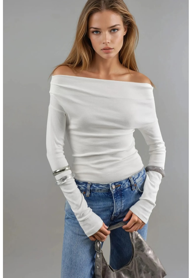 Bluza dama - cu decolteu barca - alb - jerseu