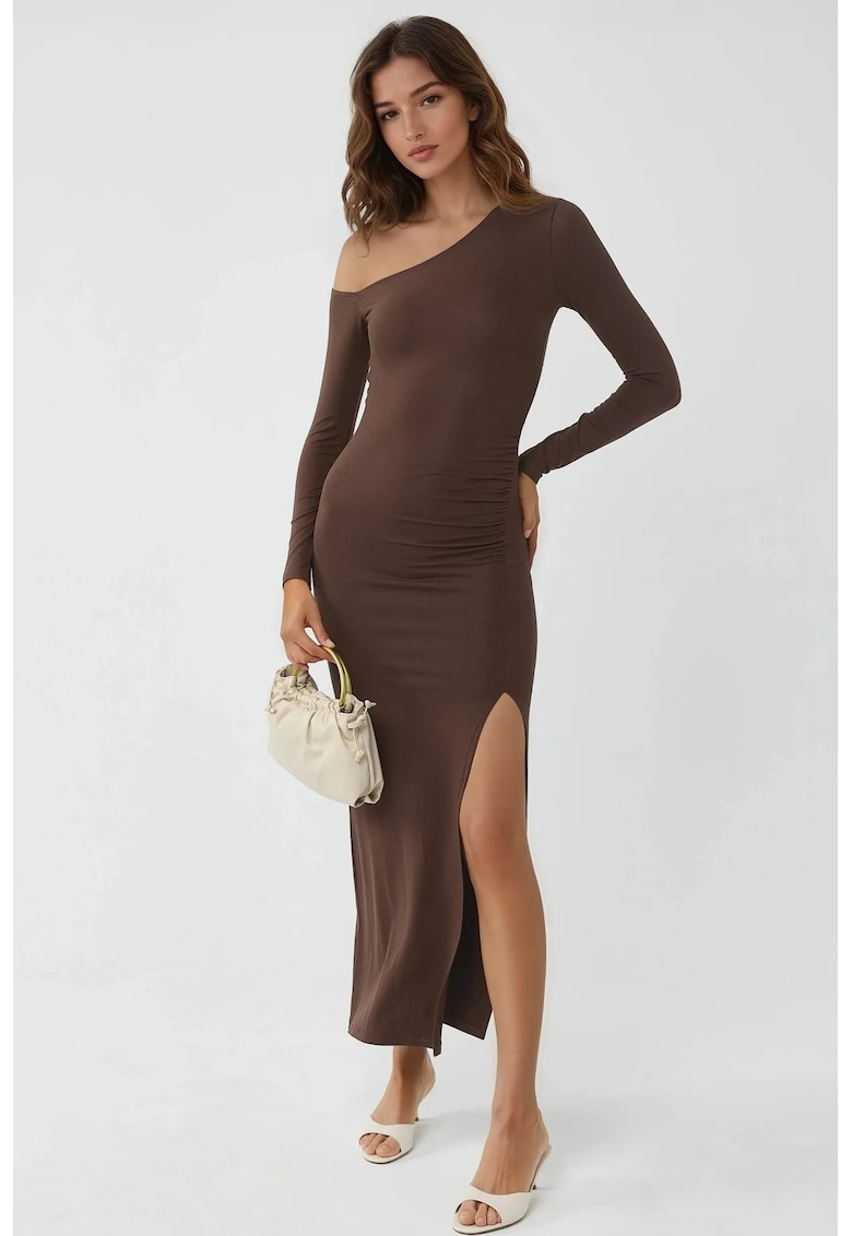 Rochie maxi guler asimetric - maro cafeniu - jerseu