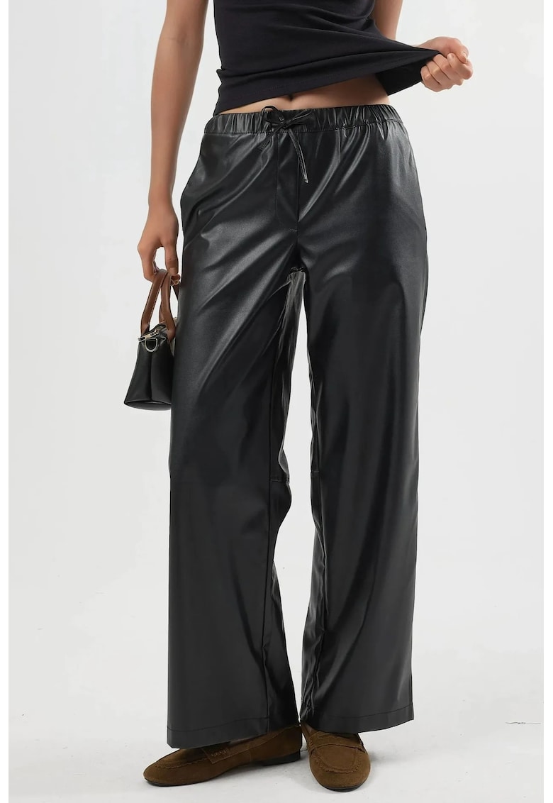 Pantaloni dama piele artificiala - talie inalta - negru - Negru