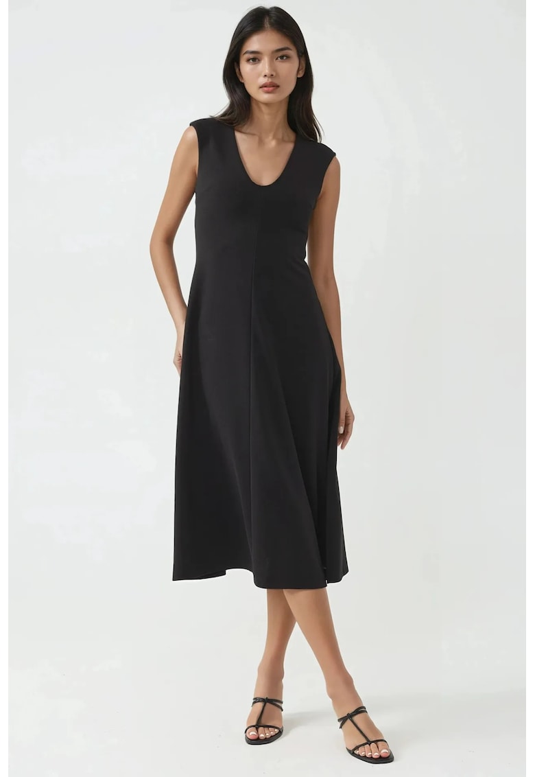 Rochie midi decolteu in V - negru - jerseu