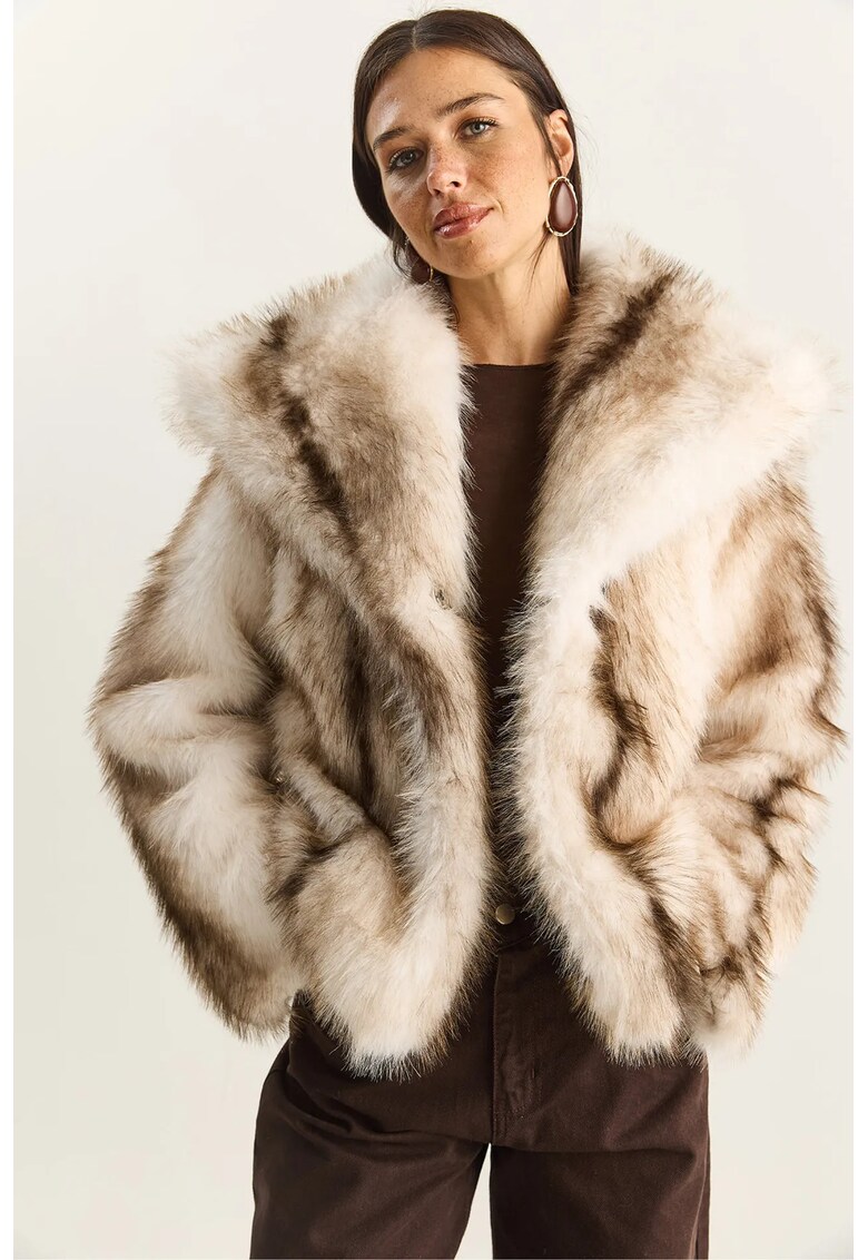 Palton scurt dama - LUCCI - supradimensionat - blana artificiala - bej