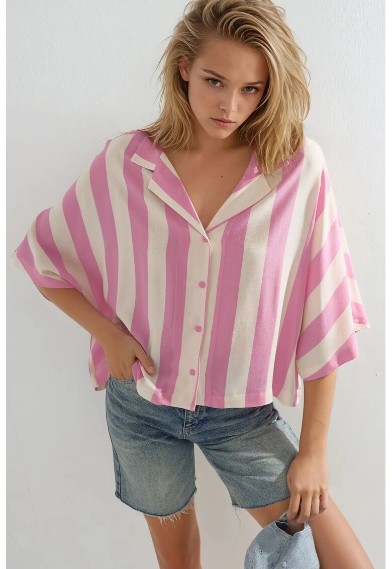 Camasa dama model relaxat - dungi - roz garoafa/alb - textil