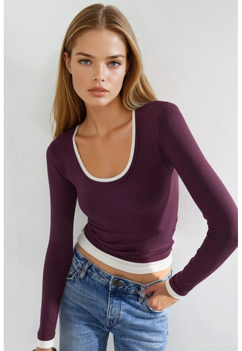 Bluza dama maneca lunga - legatura contrastanta - mov - jerseu - Violet/Mov