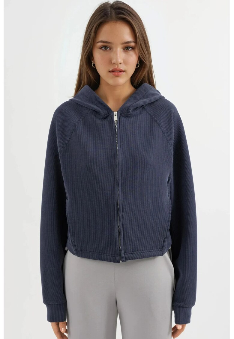 Hanorac dama cu gluga si fermoar - bleumarin - jerseu