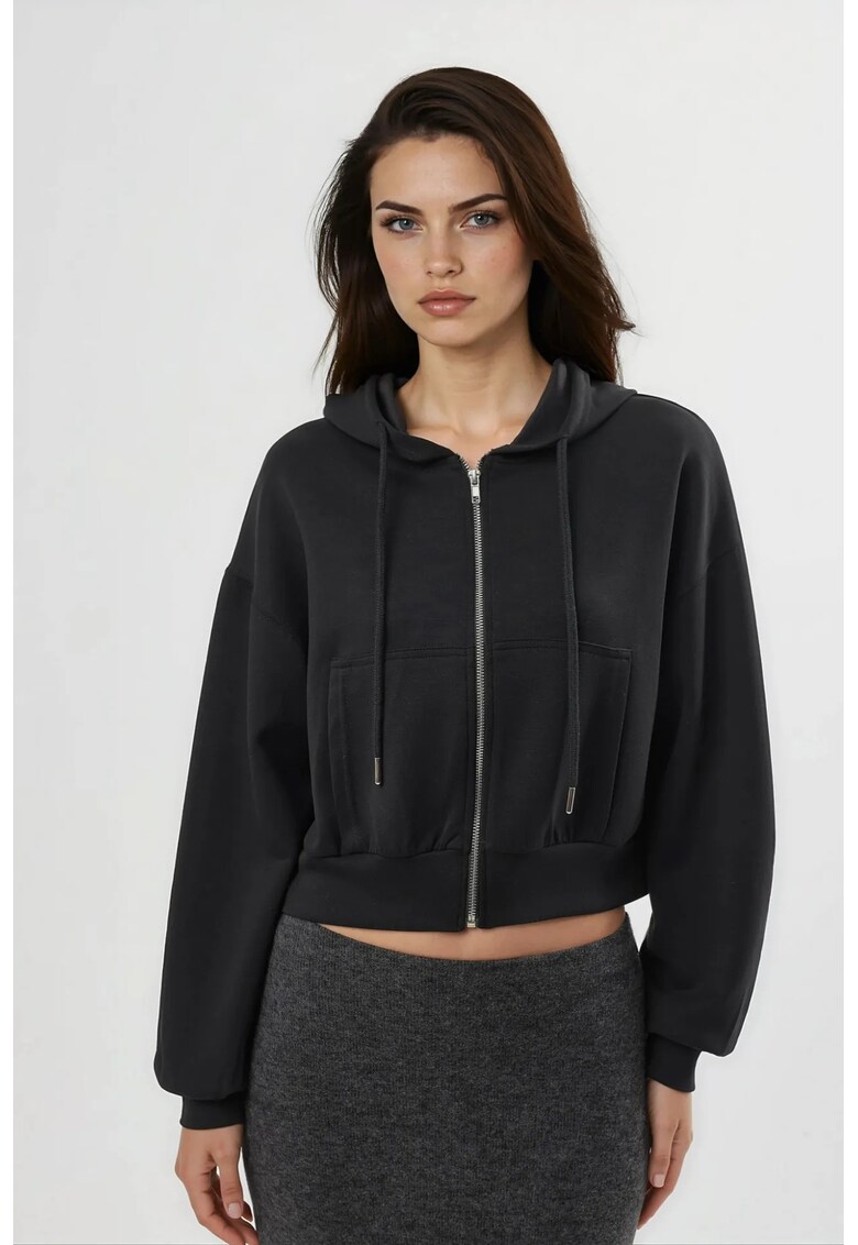 Hanorac dama scurt - cu gluga - negru - jerseu