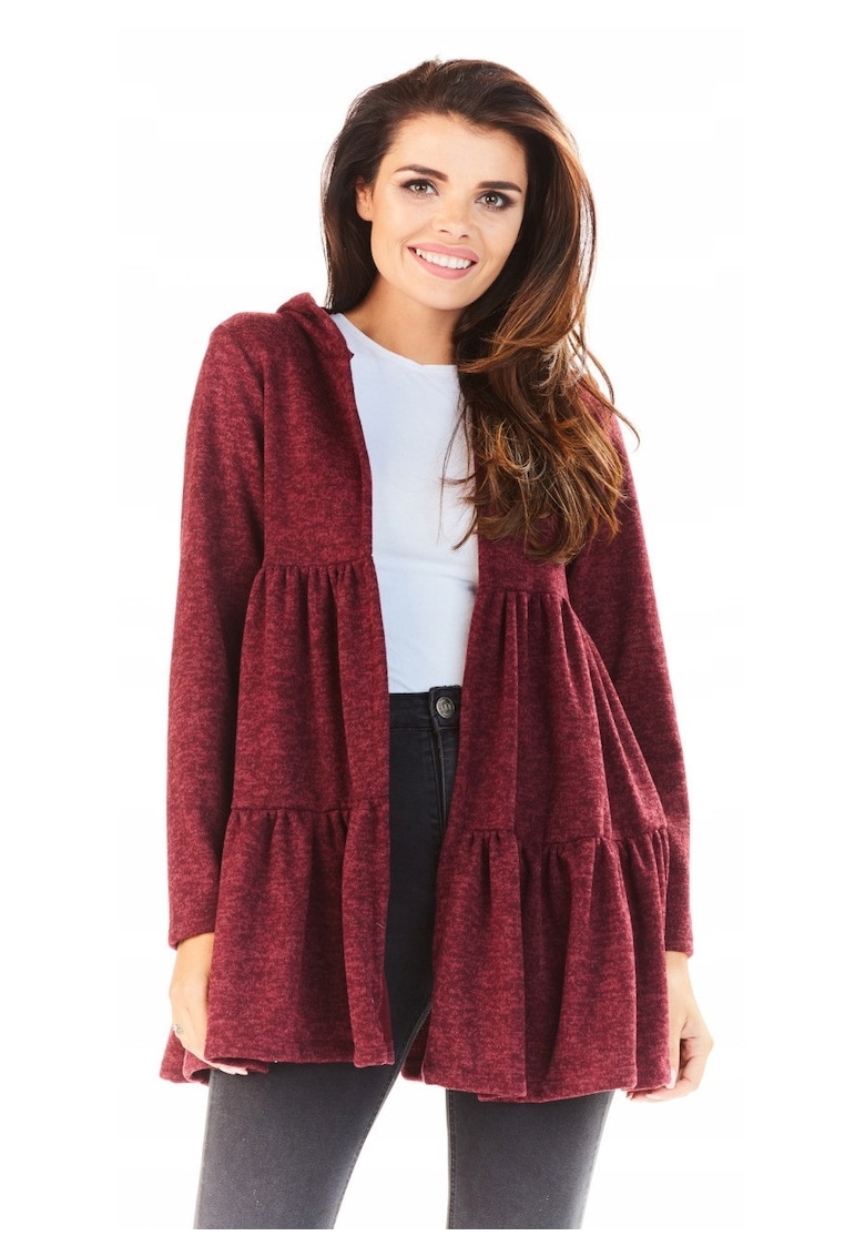 Cardigan Pentru Femei - L053 - Cu Gluga Si Volane - Marimea S/M - Poliester - Croi Normal - Maneci Lungi - Decolteu In V - Bordeaux