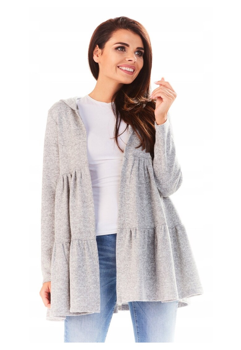 Cardigan Pentru Femei - L053 - Cu Gluga Si Volane - Marimea S/M - Poliester - Croi Normal - Maneci Lungi - Decolteu In V - De Inalta Calitate - Gri