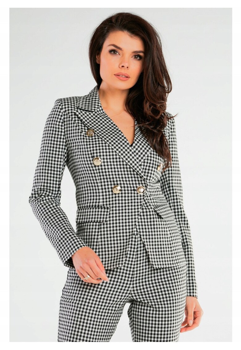 Sacou Dama - Design Cu Model In Carouri - Material Poliester - Croi Slim Fit - Maneci Lungi - Buzunare Cu Negru - Gri