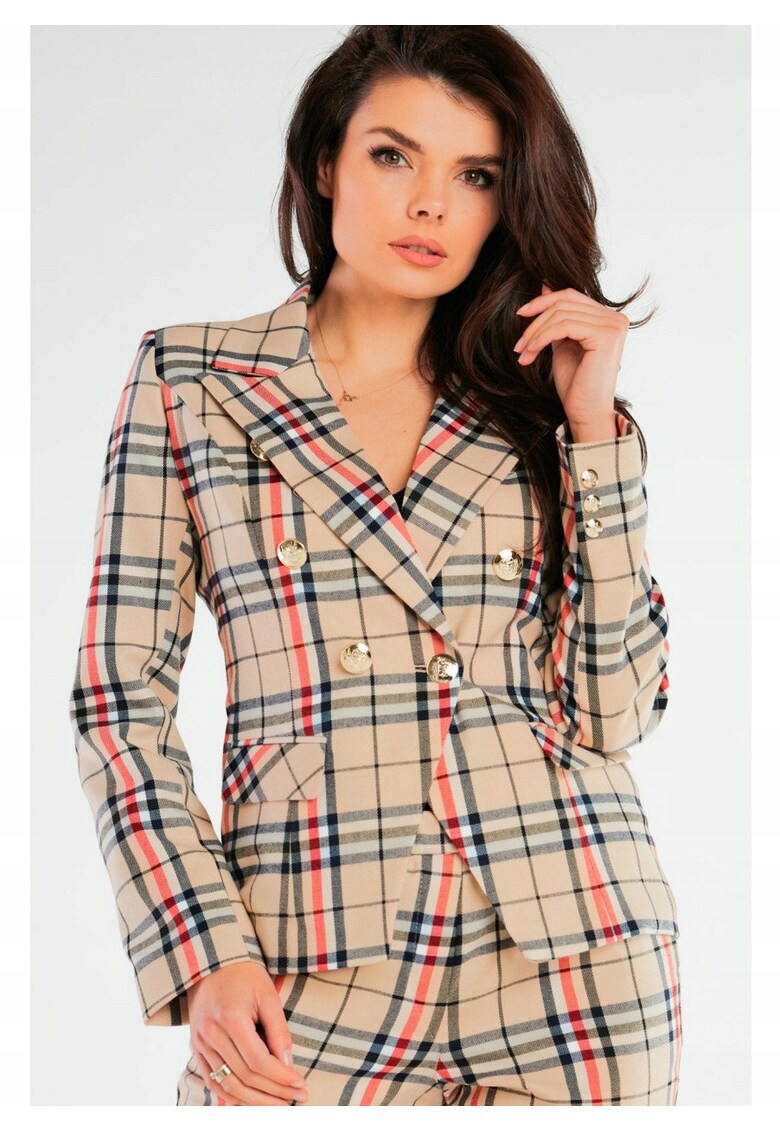 Sacou De Dama - Design Cu Doua Randuri - Model In Carouri - Material Poliester - Croi Slim Fit - Maneci Lungi - Buzunare Cu Clapeta - Bej - Bej