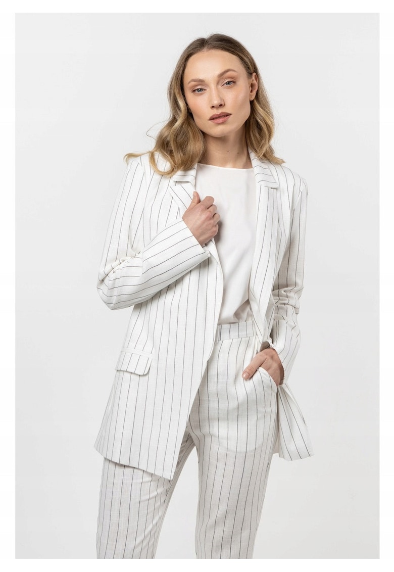 Sacou Din In Pentru Femei - Prafuit - De Inalta Calitate - Material In - Captuseala 100% Bumbac - Croi Lejer - Guler Stand Cu Rever Larg - Inchidere Fara Inchidere - De Inalta Calitate - Alb - Alb