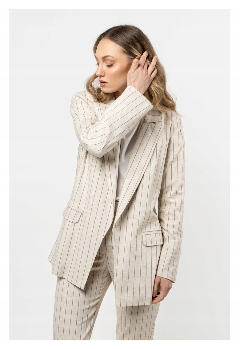 Sacou Din In Pentru Femei - Prafuit - Material In - Captuseala 100% Bumbac - Croi Lejer - Guler Cu Rever Larg - Inchidere Fara Inchidere - De Inalta Calitate - Bej - Bej