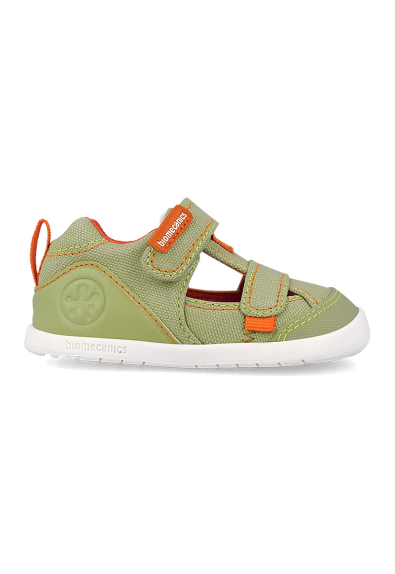 Sandale din material textil cu insertie din piele ecologica - Portocaliu mandarina/Verde masliniu/Alb optic