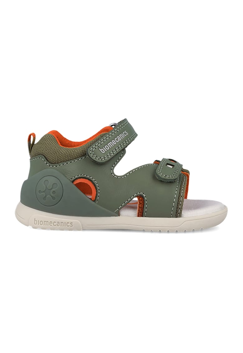 Sandale din piele cu varf decupat si garnituri din material textil - Portocaliu mandarina/Verde aquamarin/Alb murdar