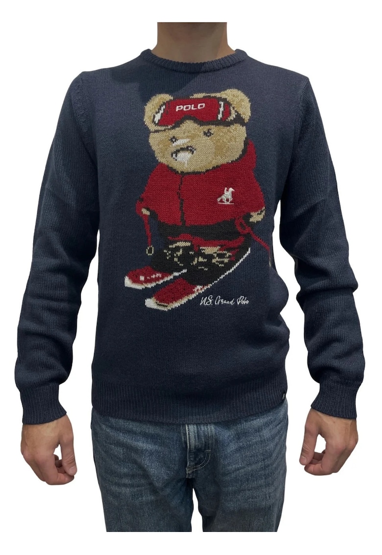 U.S. Grand POLO Pulover brodat - barbati cu imprimeu urs si decolteu la baza gatului