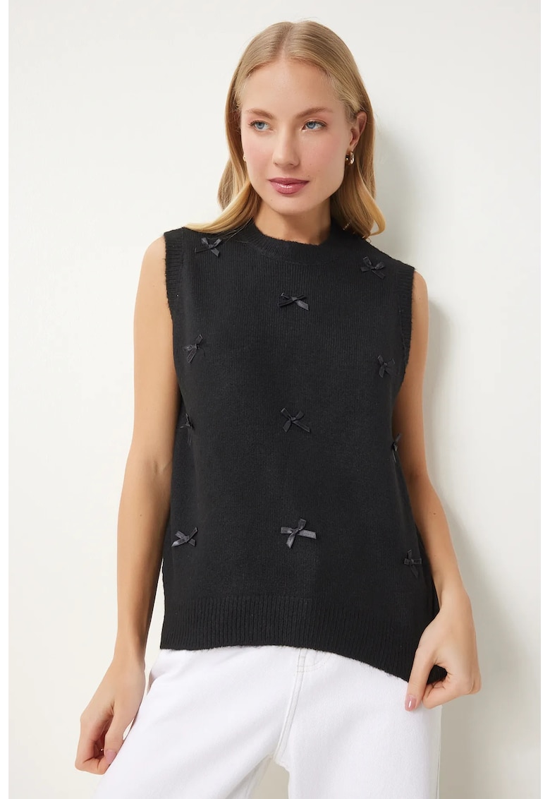 Pulover dama - Happiness Istanbul - vesta tricotata texturata - detaliu funda - negru - One Size