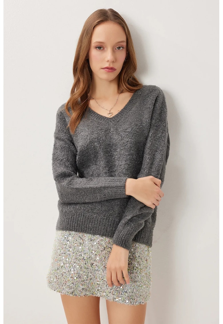 Pulover dama - Happiness Istanbul - texturat - gri - tricot - One Size