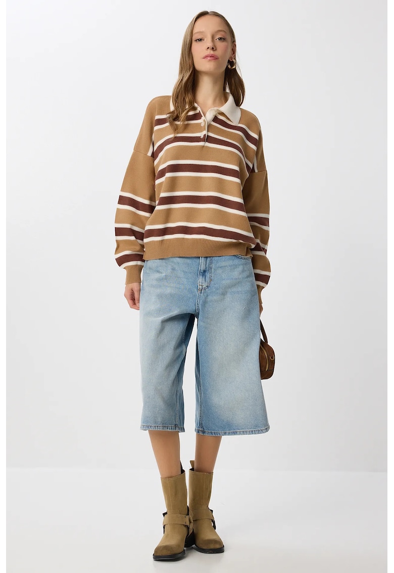 Pulover dama - Happiness Istanbul - ISTANBUL - dungi - maro camel - tricot - One Size