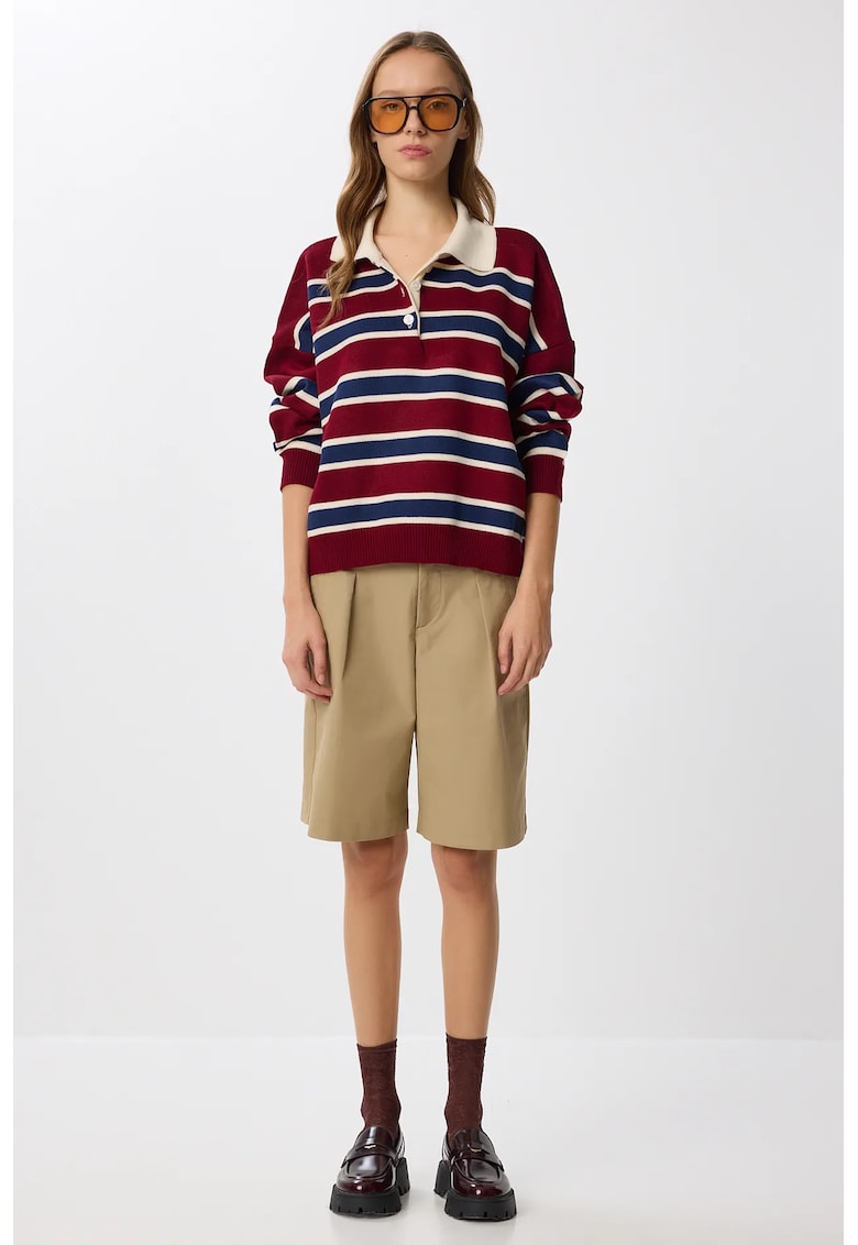 Pulover dama - Happiness Istanbul - in dungi - guler polo - rosu - tricot - One Size