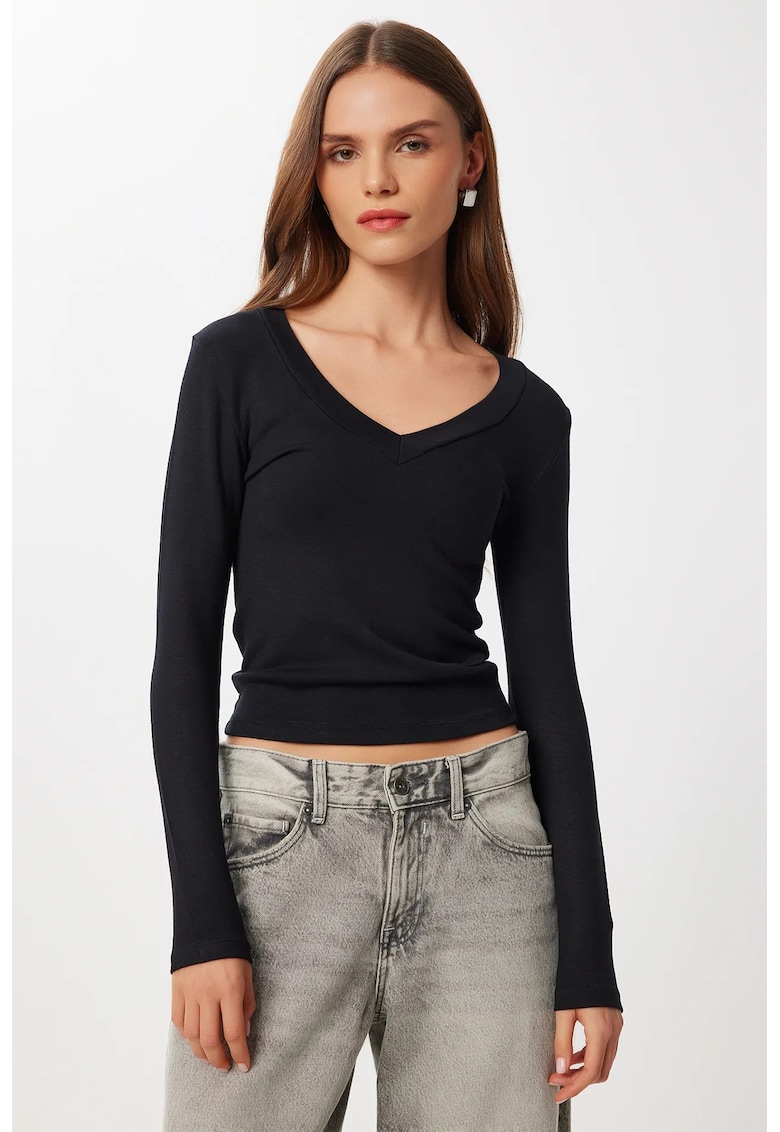 Bluza dama - Happiness Istanbul - slim fit - decolteu in V - negru - textil