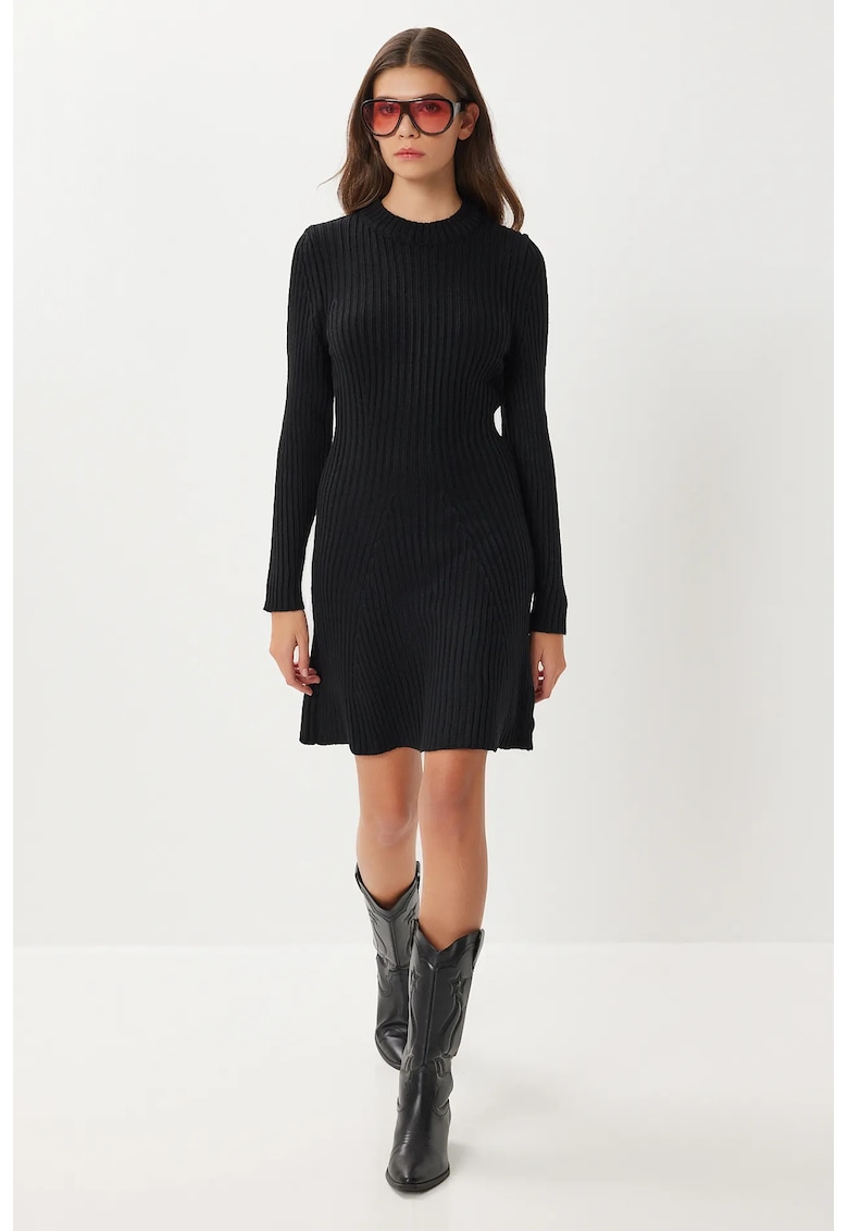 Rochii - Happiness Istanbul - Rochie mini tricotata - linie A - nervuri - negru - jerseu - One Size