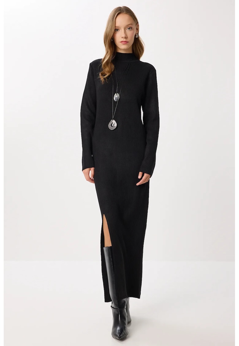 Rochie lunga tricotata bodycon cu slit - Happiness Istanbul - neagra - tricot -
