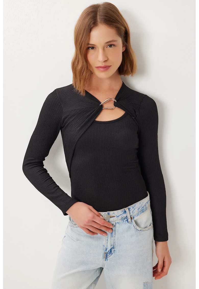 Bluza dama - Happiness Istanbul - mulata - guler asimetric - negru - jerseu