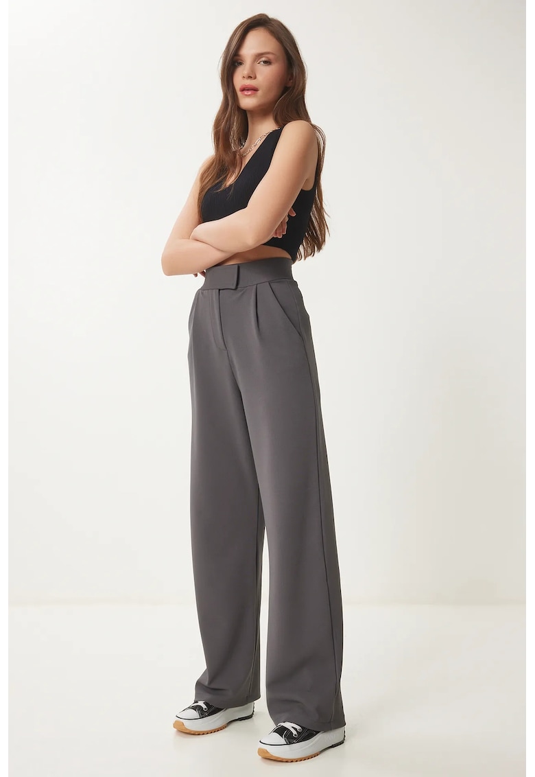 Pantaloni dama - Happiness Istanbul - Palazzo - talie inalta - gri carbune - textil - Gri carbune