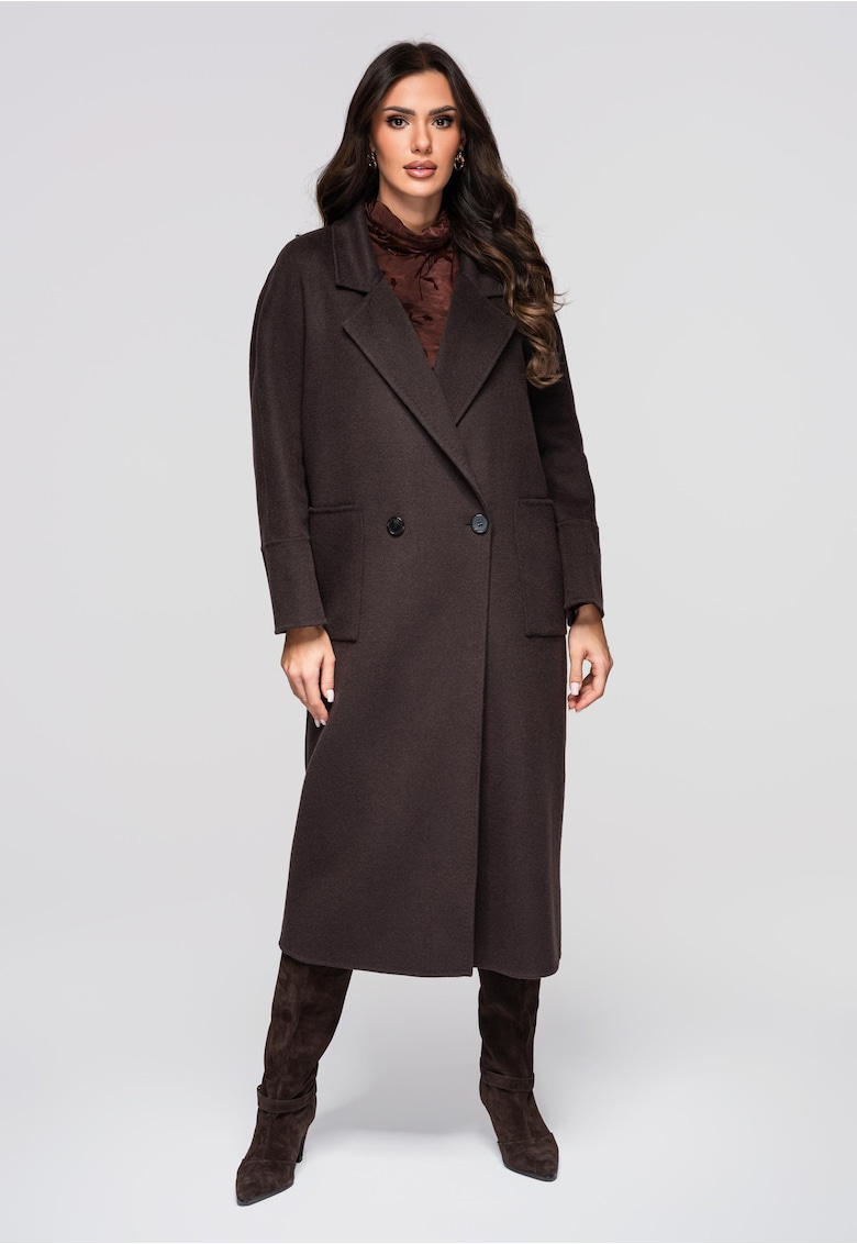 Palton lung din amestec de lana OW-COLC-0110 - Maro inchis - Maro inchis