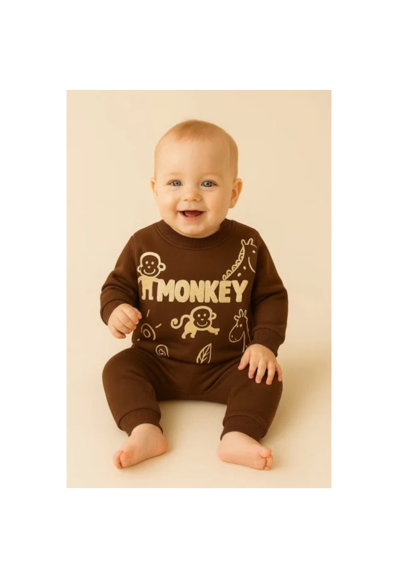 Set bluzita si pantaloni bebelusi din bumbac maro – little monkey