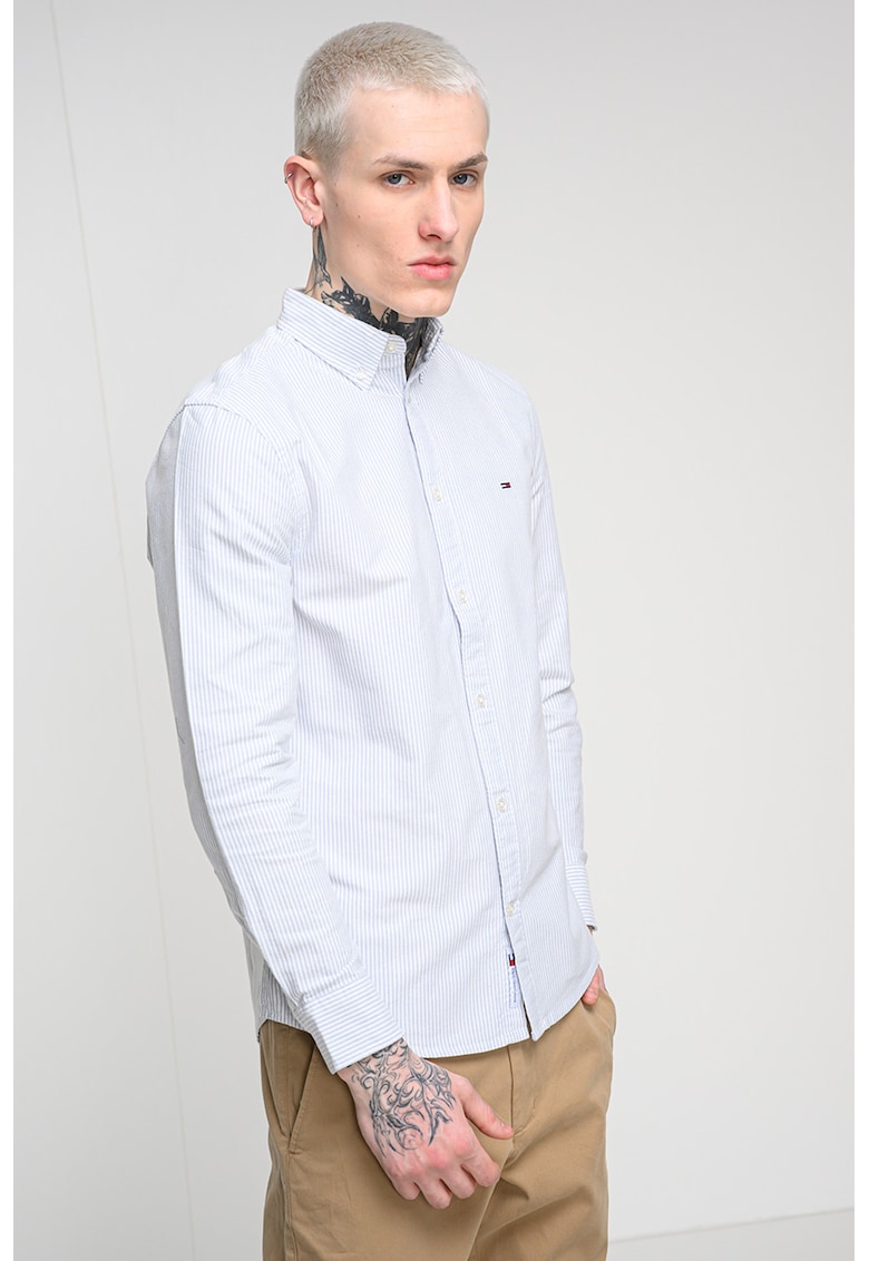 Camasa slim fit cu model in dungi - Alb/Bleumarin