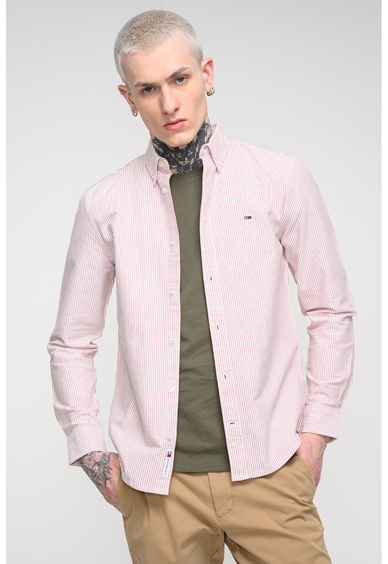 Camasa slim fit cu model in dungi - Alb/Roz