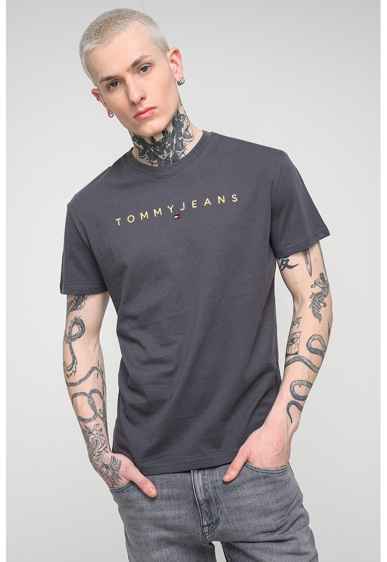 Tricou din bumbac cu logo brodat - Galben/Gri inchis