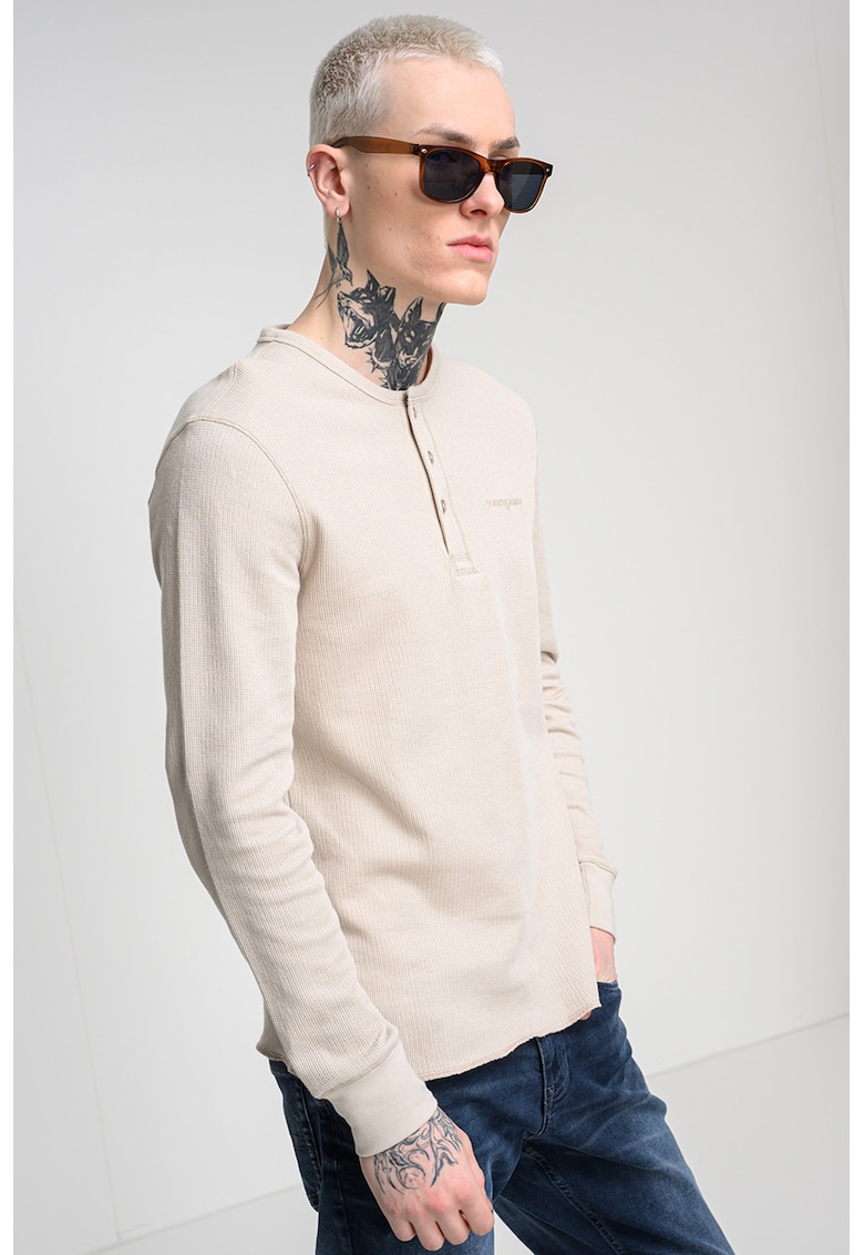 Bluza slim fit cu decolteu henley - Bej